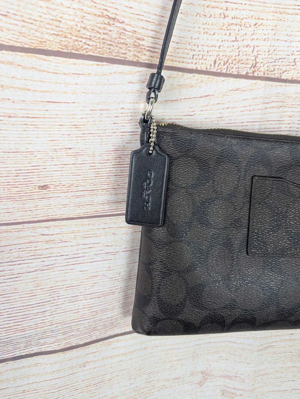 COACH Signature Leather Crossbody Bag Brown Black Canvas Print Zip Pocket Purse